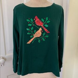 Croft & Barrow Green Christmas Holiday Tshirt with Cardinals XLP